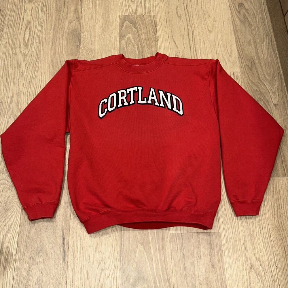 SUNY Cortland Vintage Red Sweatshirt Spellout Applique Embroidery Mens Medium